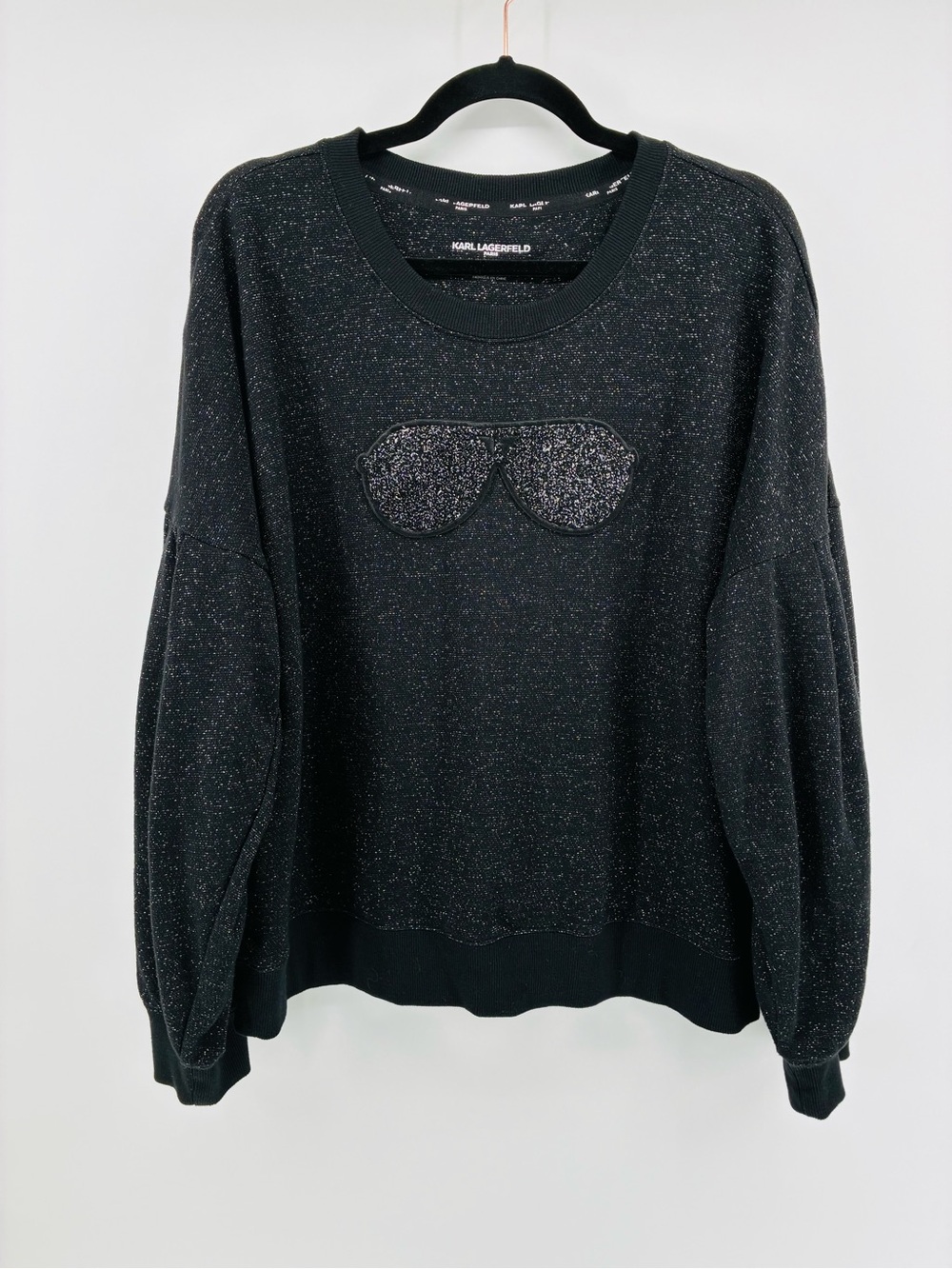 Karl Lagerfeld Black Metallic Sparkle Pullover Sweater Statement Puff Sleeves